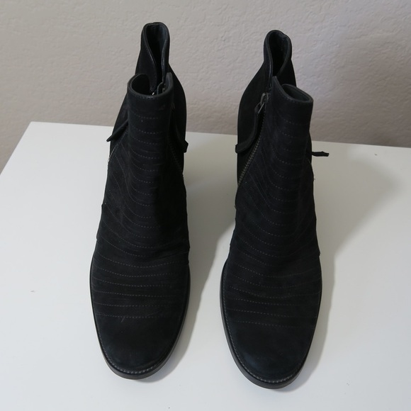 Paul Green Malibu Sliced Zip Booties Leather Suede Ankle Boots Black Chunky Heel - Picture 2 of 9